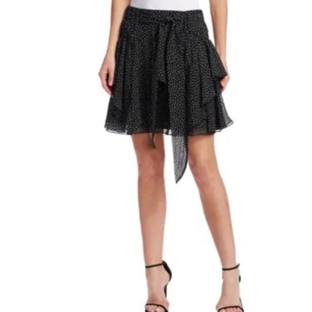 Halston Heritage Ruched -Waist Dot-Print Silk Flounce Mini Skirt in Black
